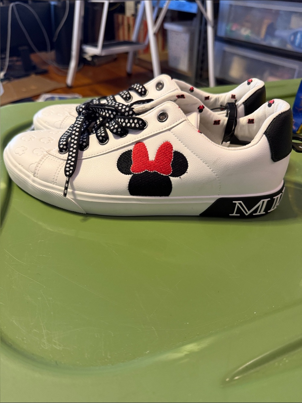 Disney Sneakers White with Black Minnie Silhouette and Red Bow Accent